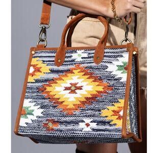 Handwoven Denim Cotton Tote Bag with Genuine Suede Handles